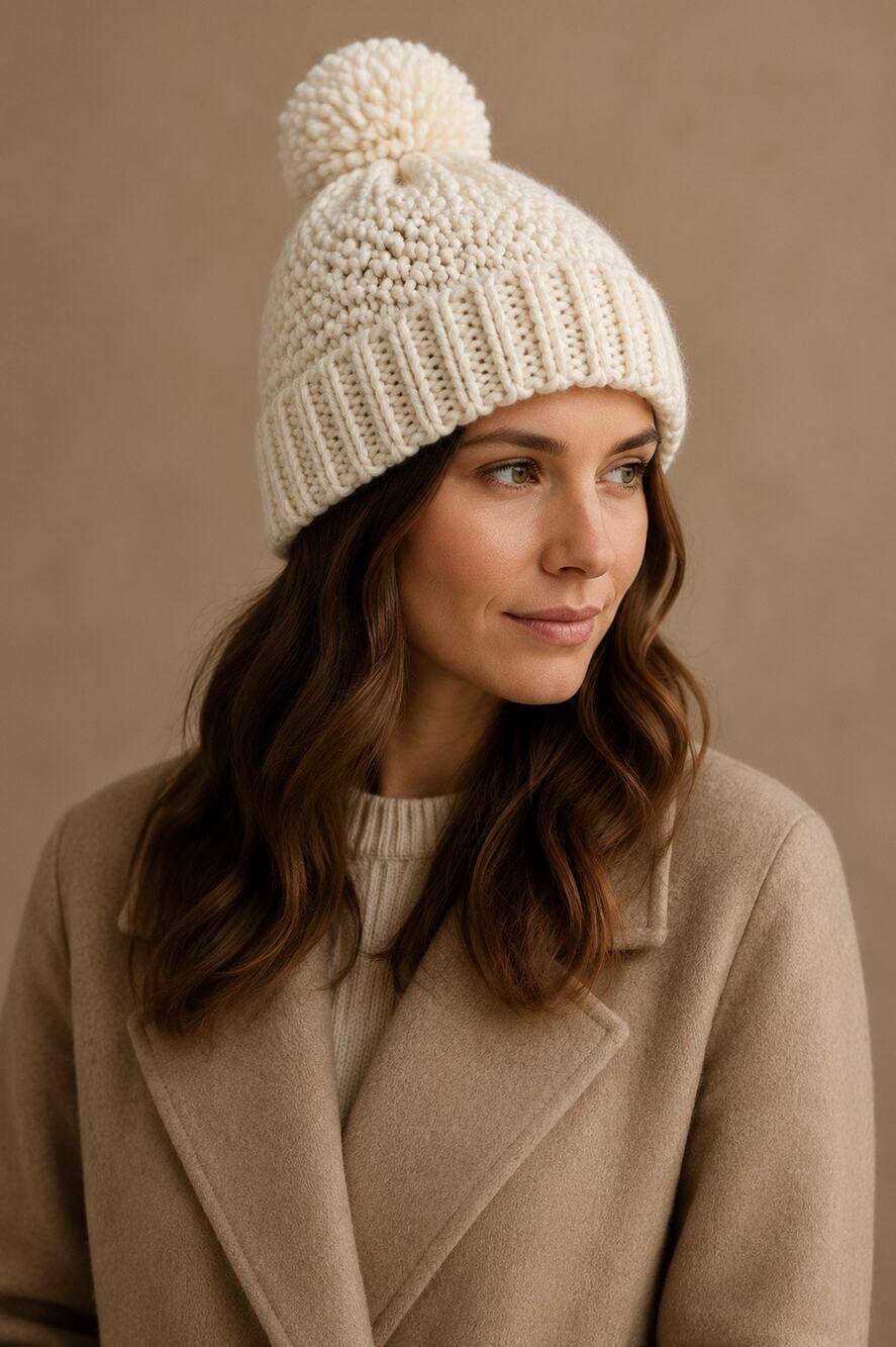 Raffaello Bettini Ivory Chunky Knit Pom Pom Beanie Wool Alpaca Italy